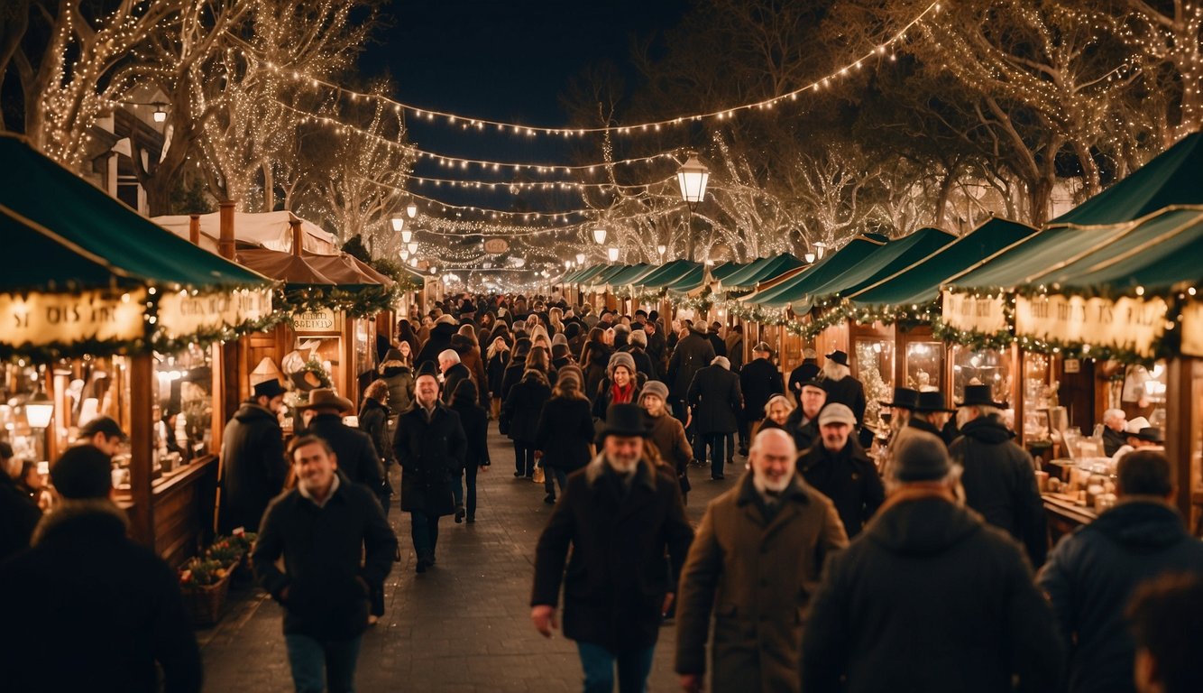 The bustling Great Dickens Christmas Fair in San Francisco features festive stalls, carolers, and Victorian-era characters, creating a lively and nostalgic holiday atmosphere