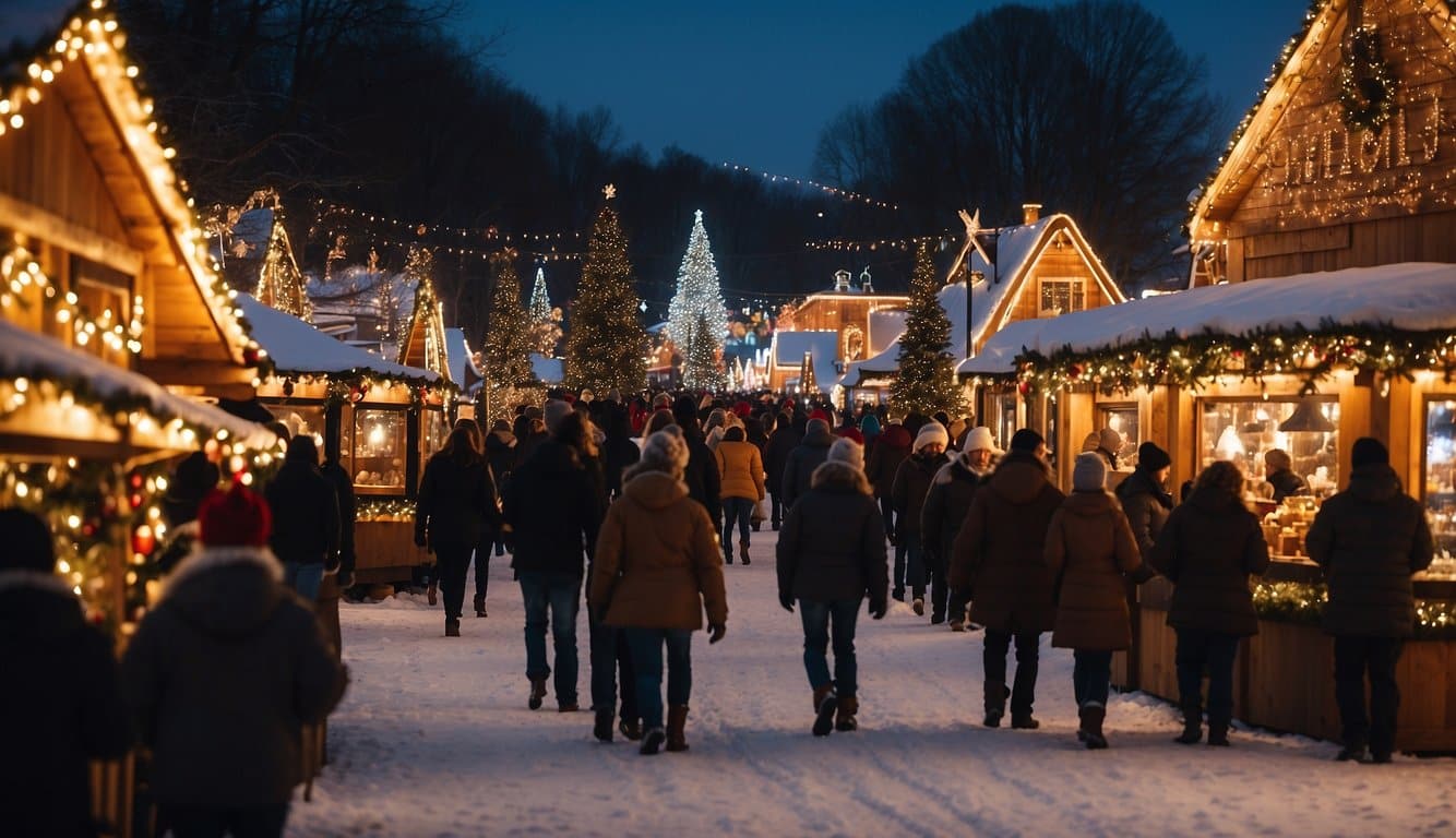 A festive Yuletide village in Renaissance Park, Ohio. Midwest Christmas markets bustling with holiday cheer and twinkling lights