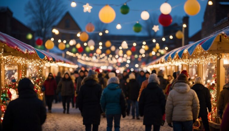 A crowded outdoor market in winter, lined with illuminated stalls and colorful hanging ornaments, as people browse in warm clothes against an evening sky.