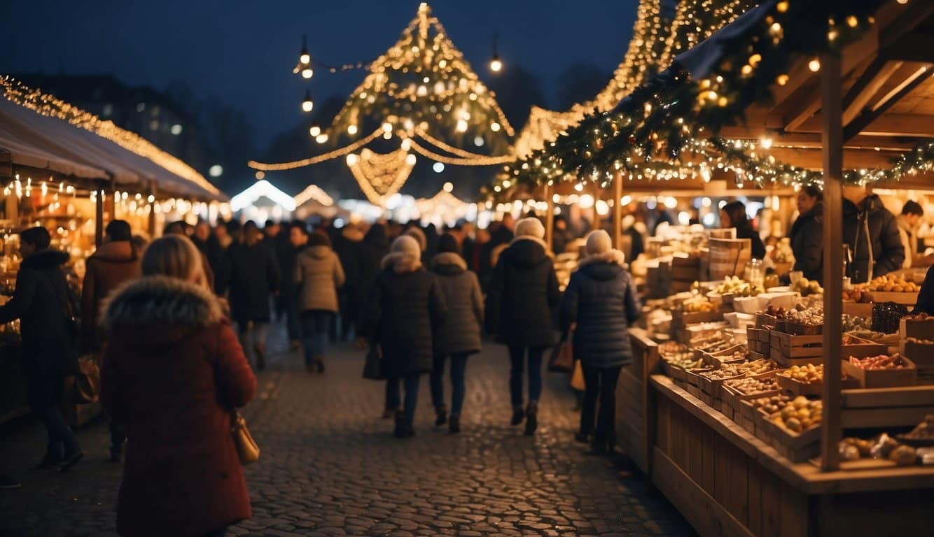 A bustling Christmas market with colorful stalls, twinkling lights, and festive decorations. Crowds of people browse handcrafted gifts and enjoy seasonal treats