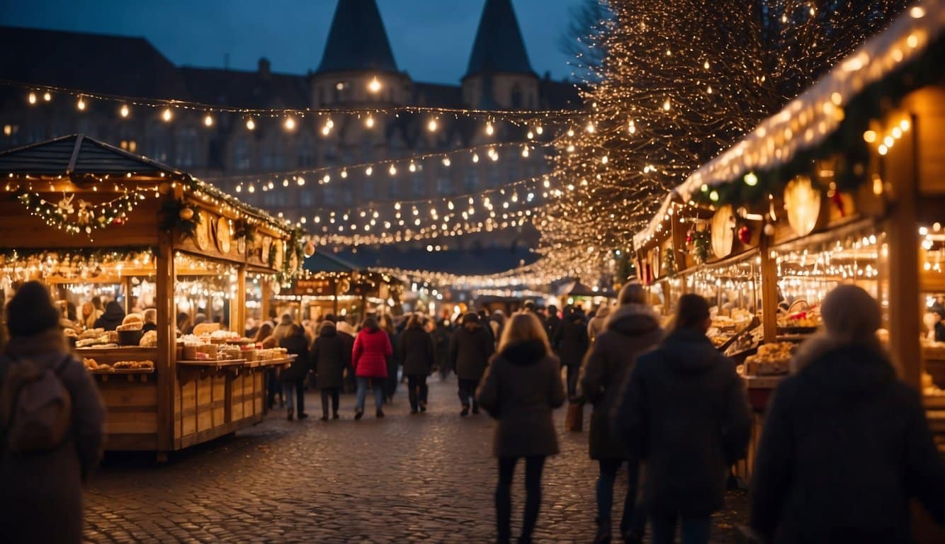 The Christmas market bustles with festive energy. Twinkling lights illuminate rows of vendor stalls, offering handmade crafts and seasonal treats. A carousel spins in the background, filling the air with joyful music