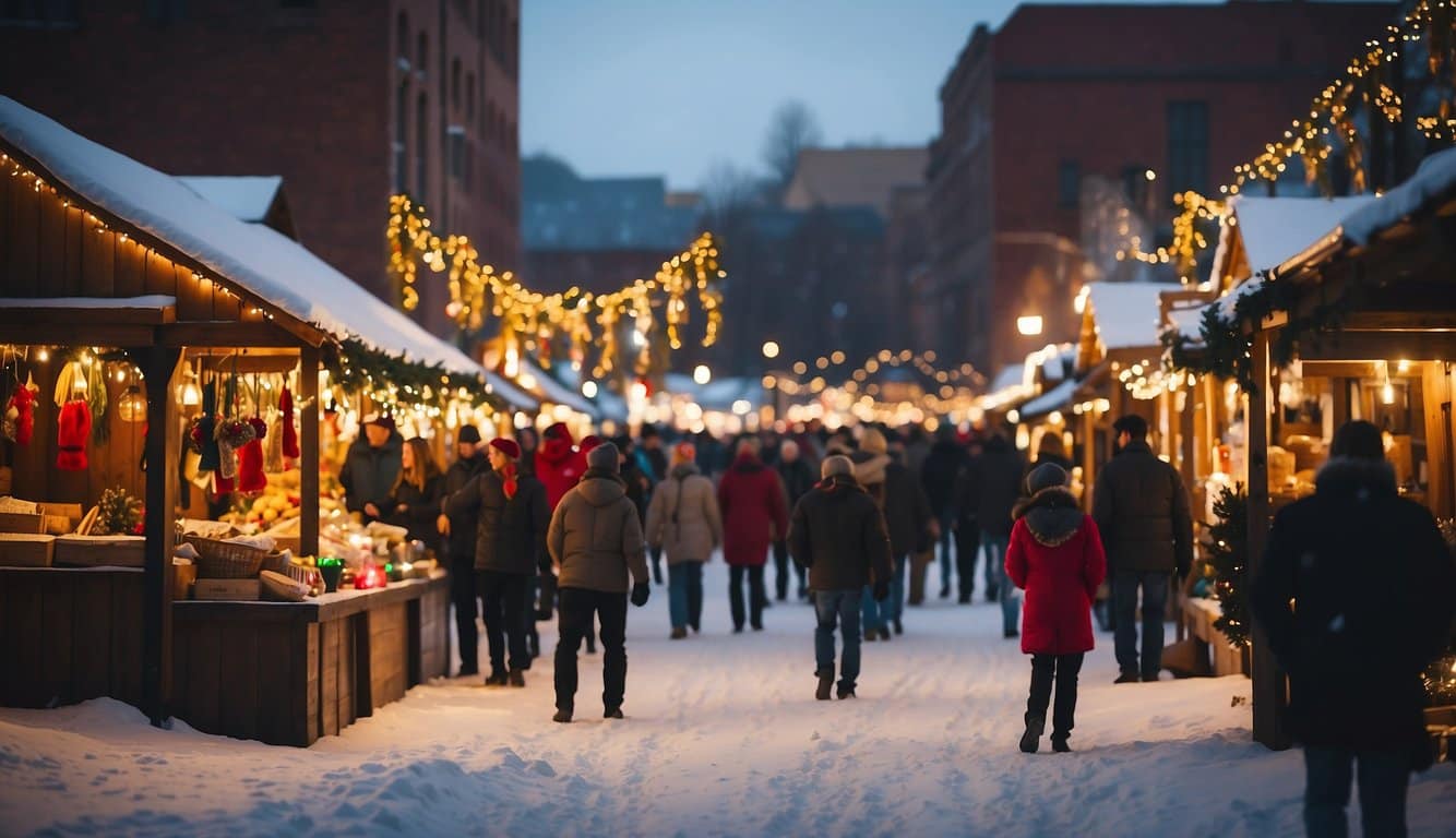 A bustling Christmas market with colorful stalls, twinkling lights, and festive decorations in South Dakota