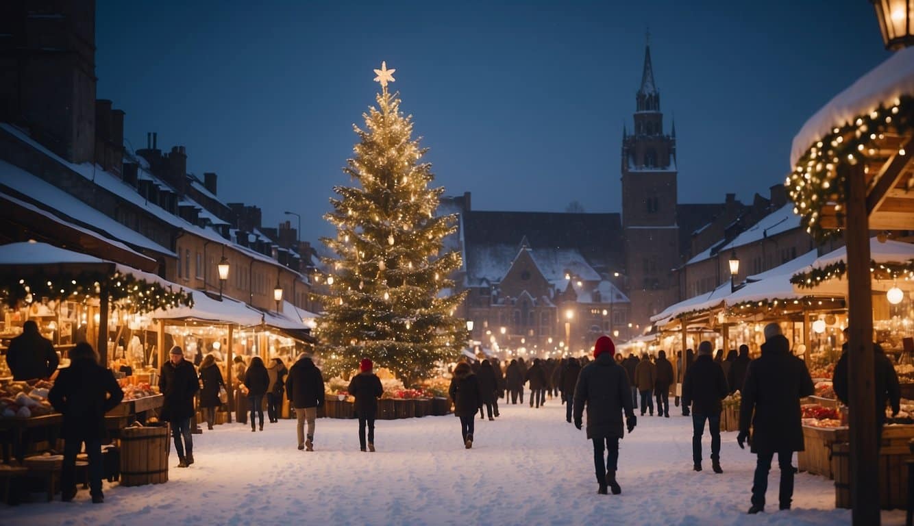 A snowy town square with twinkling lights, a towering Christmas tree, and bustling market stalls selling handmade crafts and warm drinks