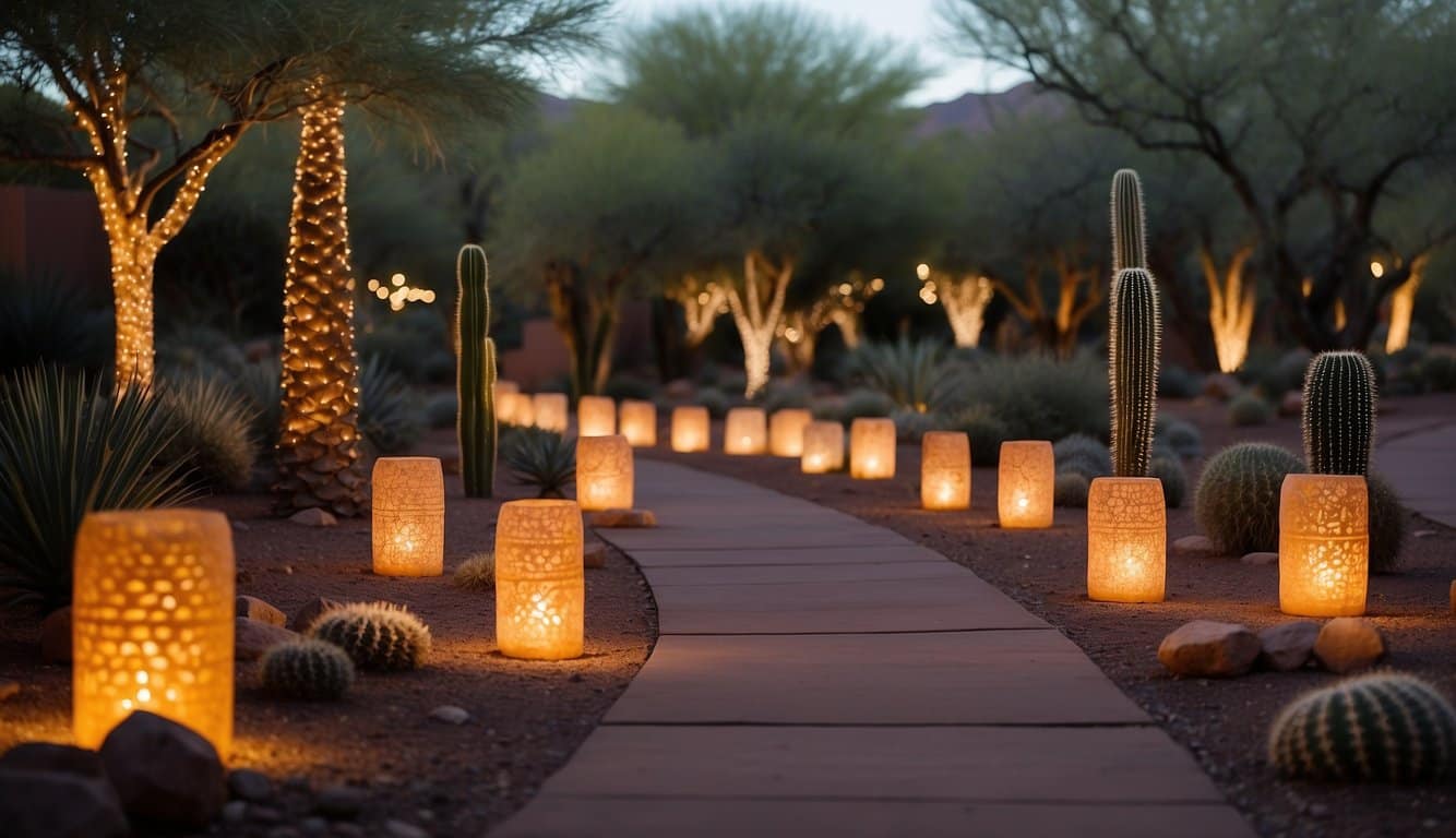 Warm glow of luminarias line pathways at Desert Botanical Garden Christmas Market, Arizona 2024. Twinkling lights adorn trees and cacti, creating a magical holiday atmosphere