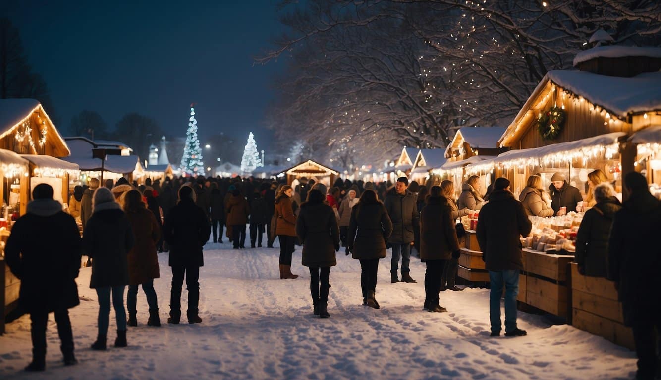 Snow-covered market stalls line the streets, adorned with twinkling lights and festive decorations. Crowds of people browse through the winter wonderland, sipping hot cocoa and enjoying the holiday spirit