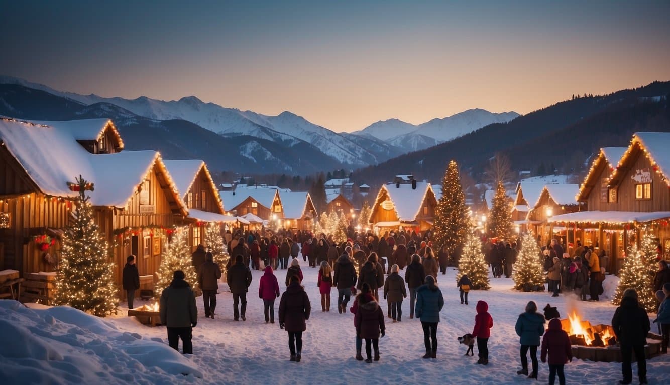 Snow-covered village with twinkling lights, decorated stalls, and a towering Christmas tree. Families gather around bonfires, sipping hot cocoa and enjoying festive music