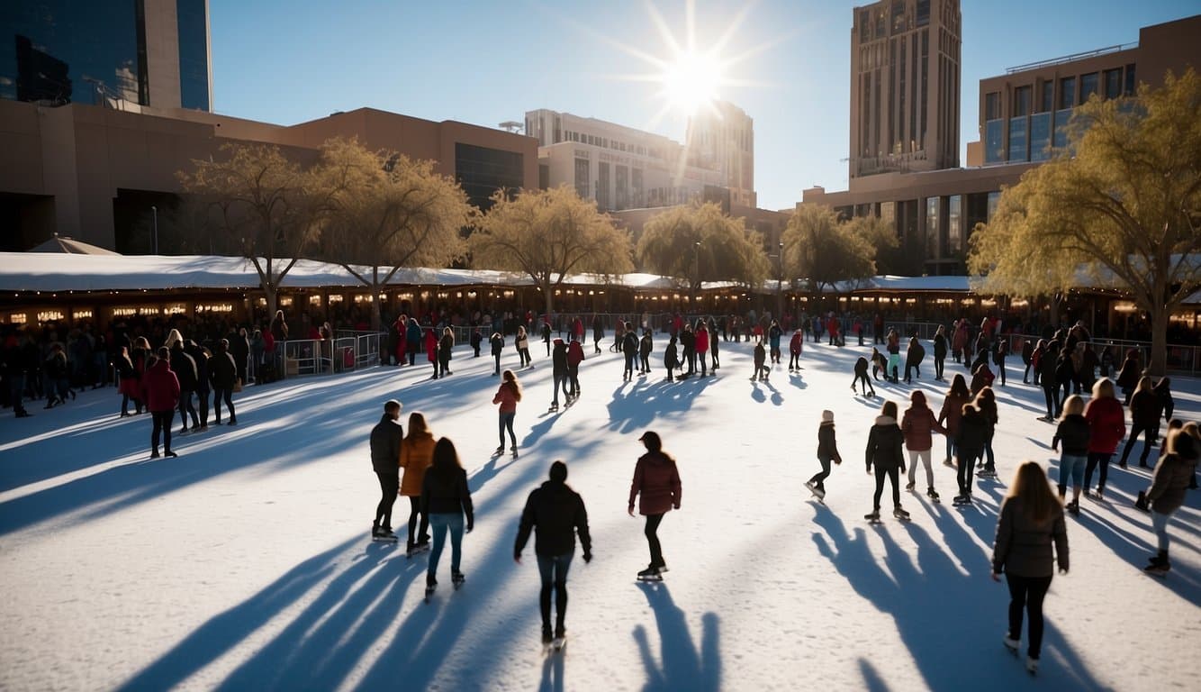 A bustling ice rink surrounded by festive Christmas markets in downtown Phoenix, Arizona, 2024. Brightly lit stalls and joyful skaters create a lively holiday atmosphere