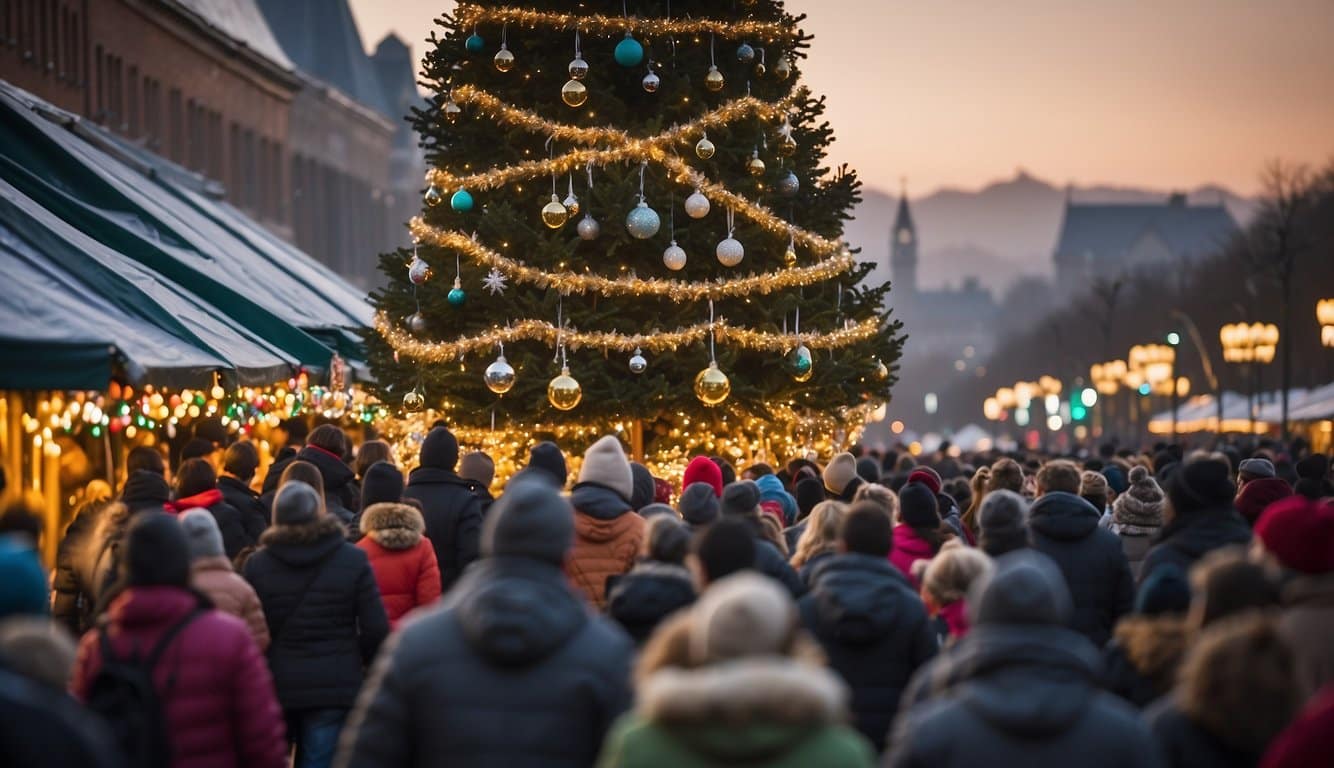 Festive stalls line the streets, adorned with twinkling lights and colorful decorations. A towering Christmas tree serves as the centerpiece, surrounded by joyful crowds and the sound of holiday music