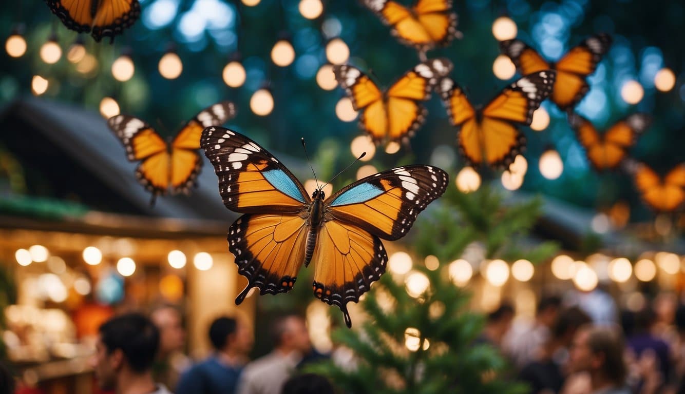 Several large monarch butterflies are seen flying around a well-lit outdoor market with blurred people and stalls in the background.