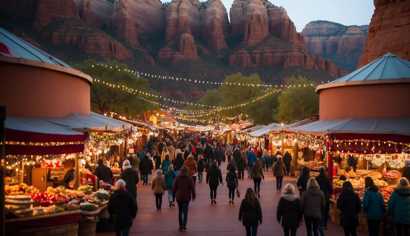 Vibrant market stalls nestled among towering red rock formations, adorned with festive lights and decorations, creating a magical Christmas wonderland in Sedona, Arizona