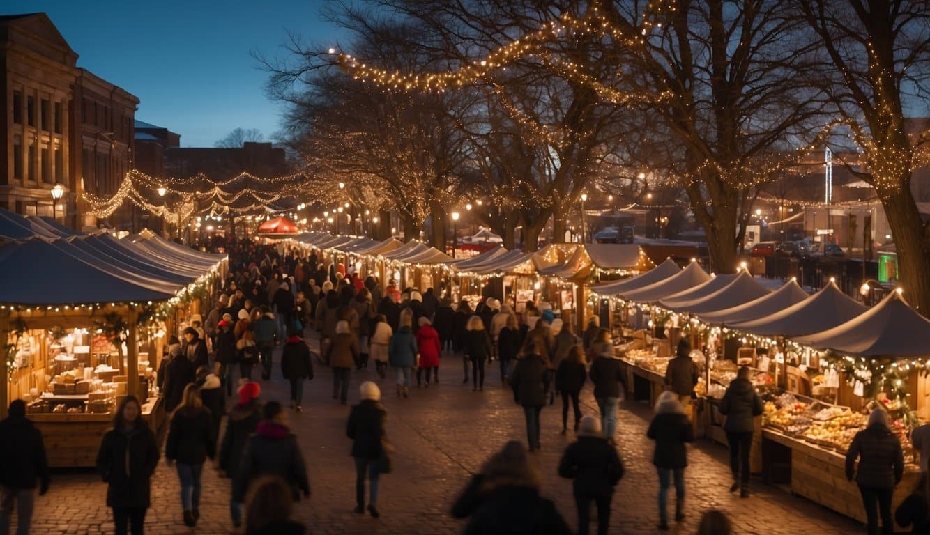 The bustling Christmas market on Prescott's Courthouse Plaza features festive lights, holiday decorations, and a variety of vendor booths selling seasonal goods and treats