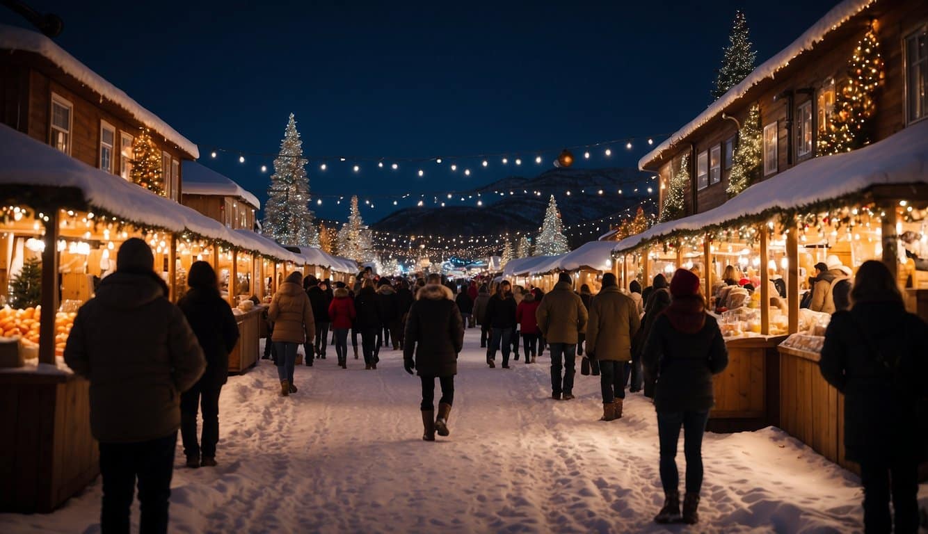 Snow-covered market stalls, twinkling lights, and festive decorations create a magical North Pole experience at Flagstaff Christmas Markets, Arizona 2024