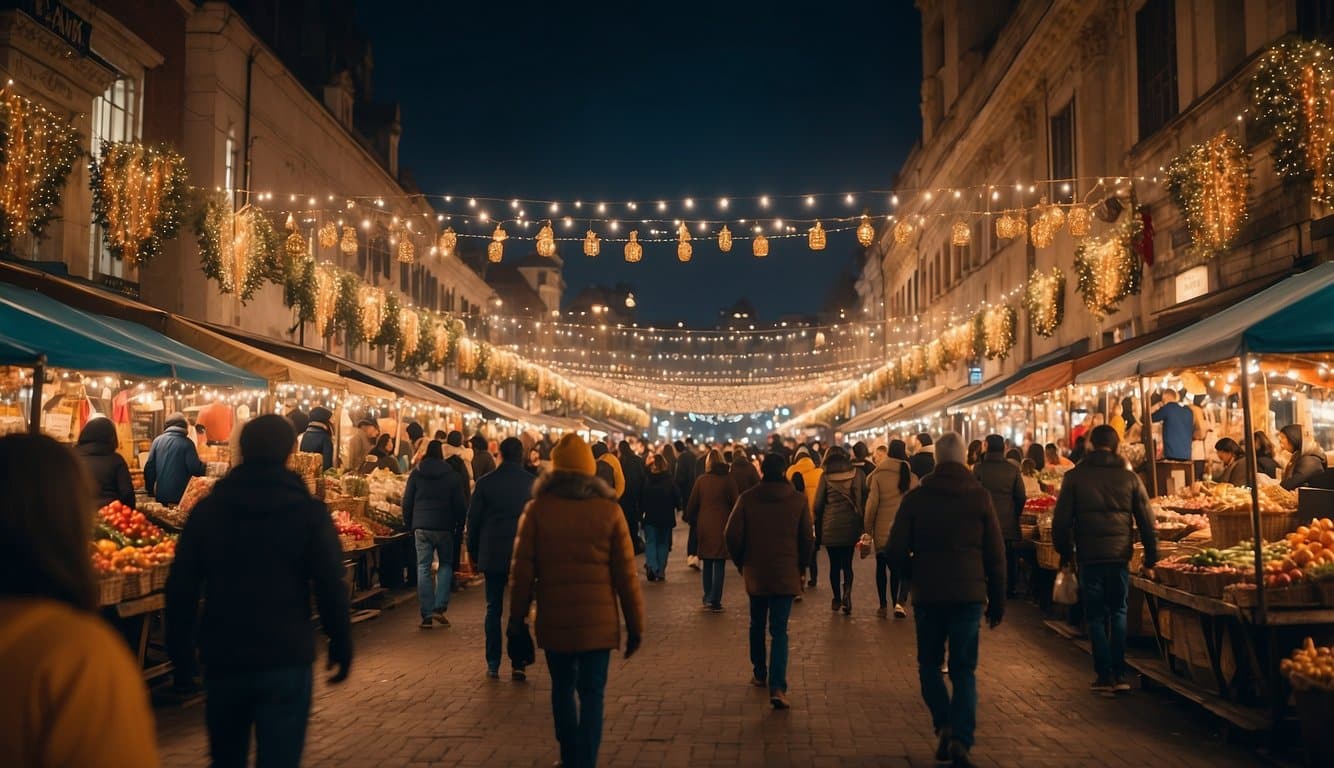 Colorful stalls line the streets, adorned with twinkling lights and festive decorations. Crowds of people wander through the market, enjoying the holiday cheer