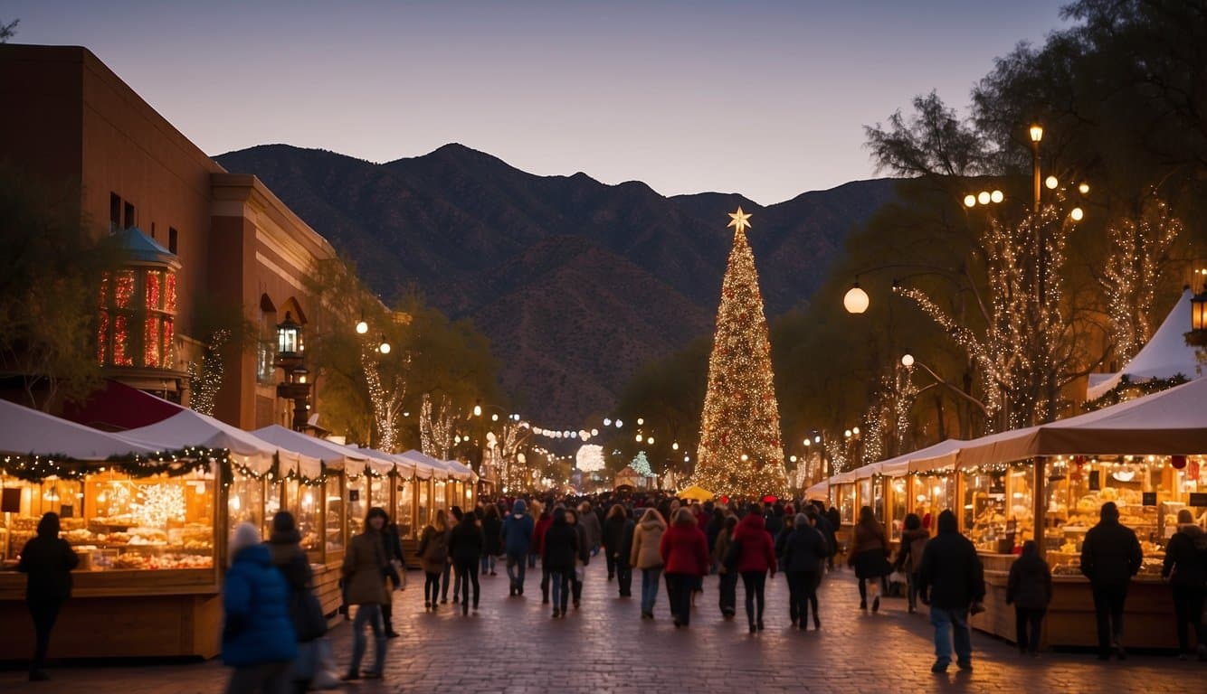 The Water Tower Plaza bustles with festive Christmas markets in Arizona 2024. Brightly lit stalls line the cobblestone streets, offering holiday treats and handcrafted gifts. A towering Christmas tree sparkles in the center of the plaza, surrounded by