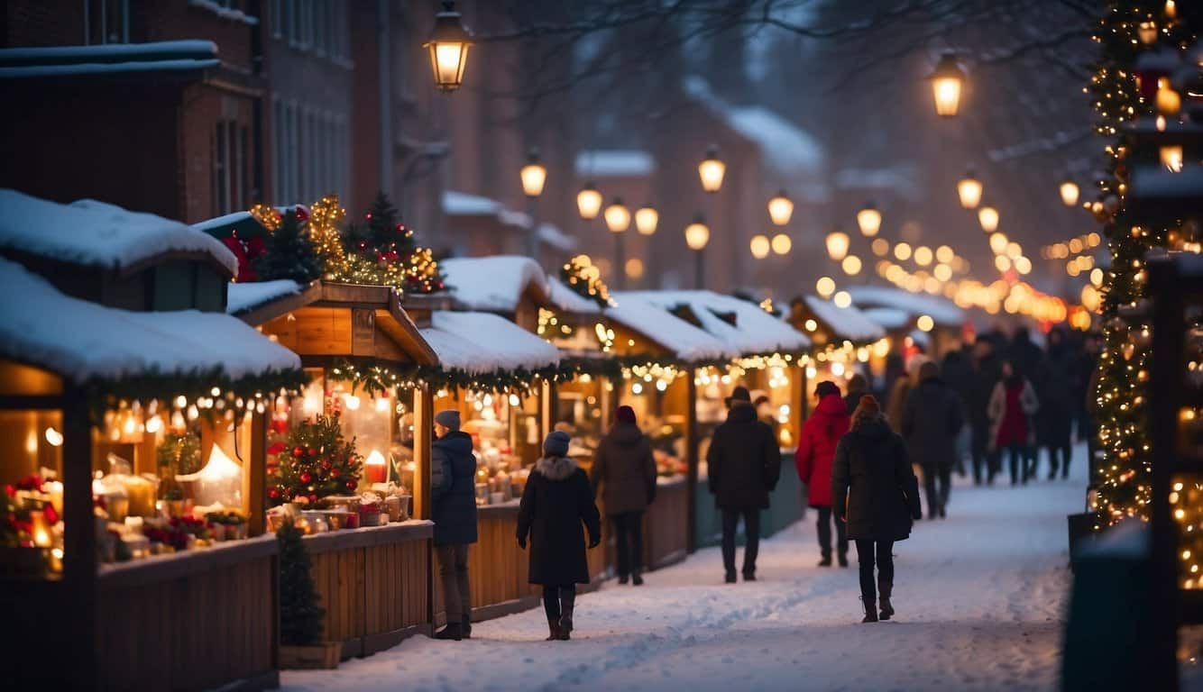 Colorful stalls line snowy streets, adorned with twinkling lights and festive decorations. The air is filled with the scent of hot cocoa and the sound of joyful carolers