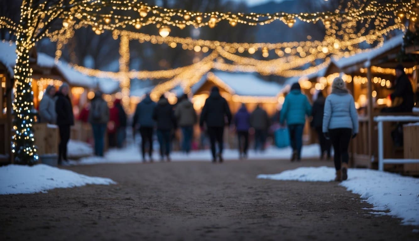 A festive elf village with twinkling lights, cozy cottages, and bustling Christmas markets at Gardner Village, Utah 2024