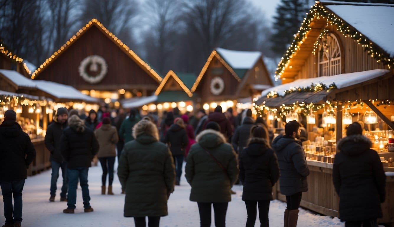 A bustling Christmas market in Utah, adorned with Swiss-inspired decorations and filled with festive stalls and twinkling lights