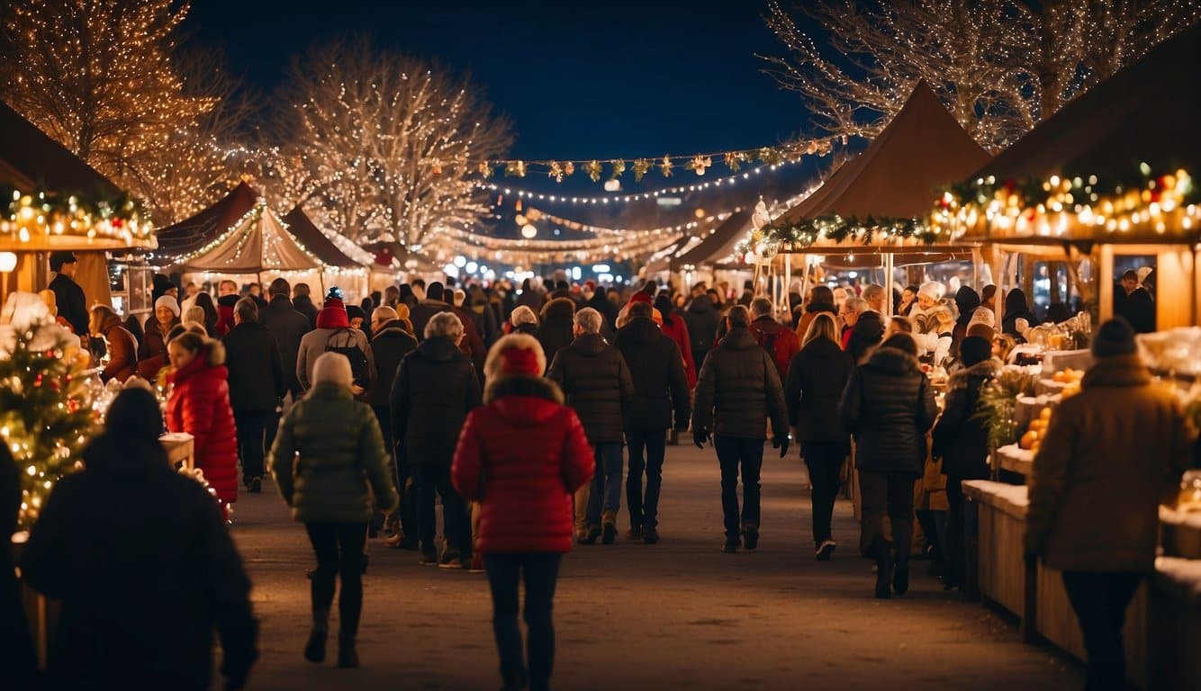 A festive scene at Ogden's Christmas Village market, with colorful stalls, twinkling lights, and a bustling crowd in Utah 2024