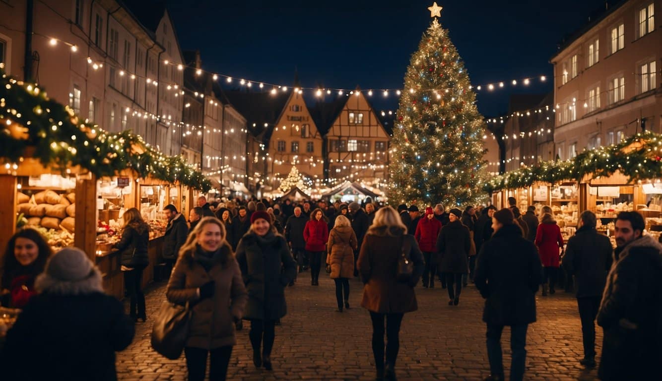 People walk through a festive outdoor Christmas market adorned with string lights and a large decorated tree at night.