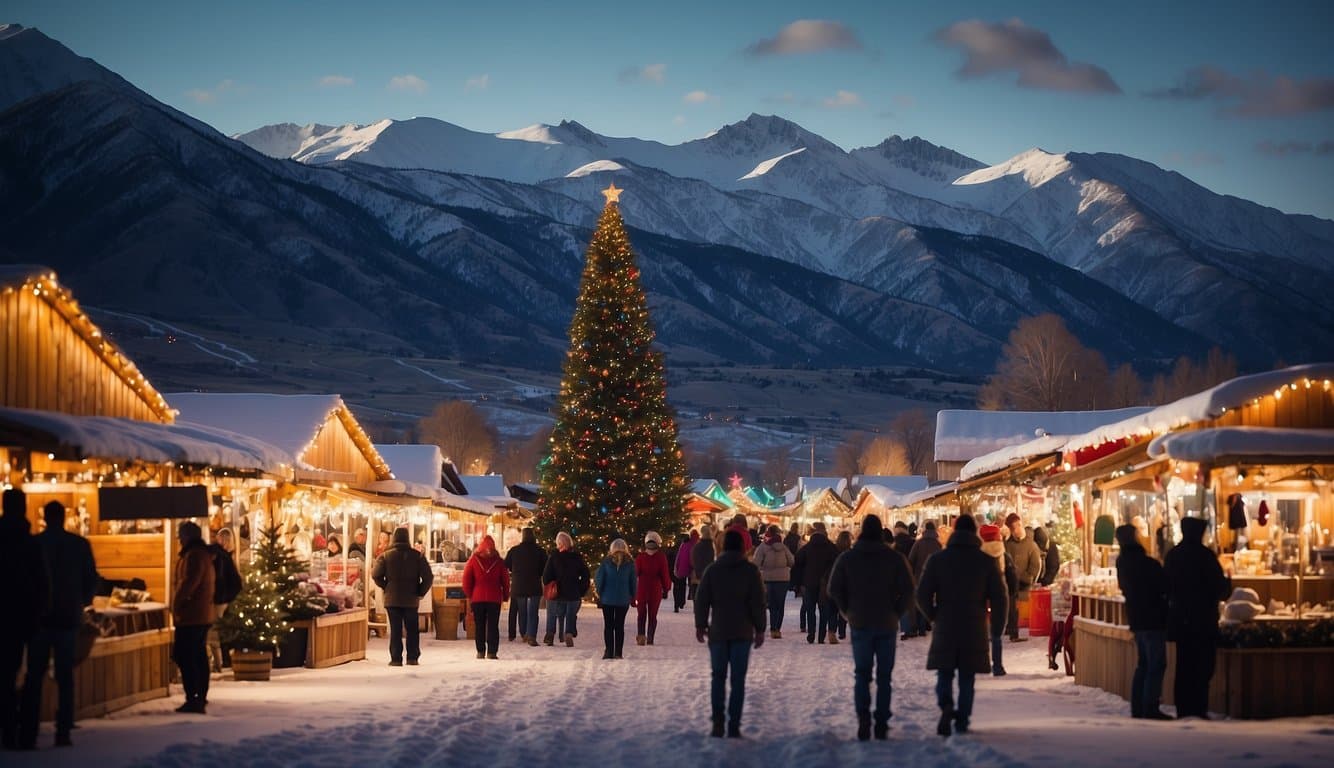 A festive scene with colorful stalls, twinkling lights, and a giant Christmas tree. Snow-covered mountains loom in the background, creating a cozy and magical atmosphere for the Heber Valley Christmas Market in Utah