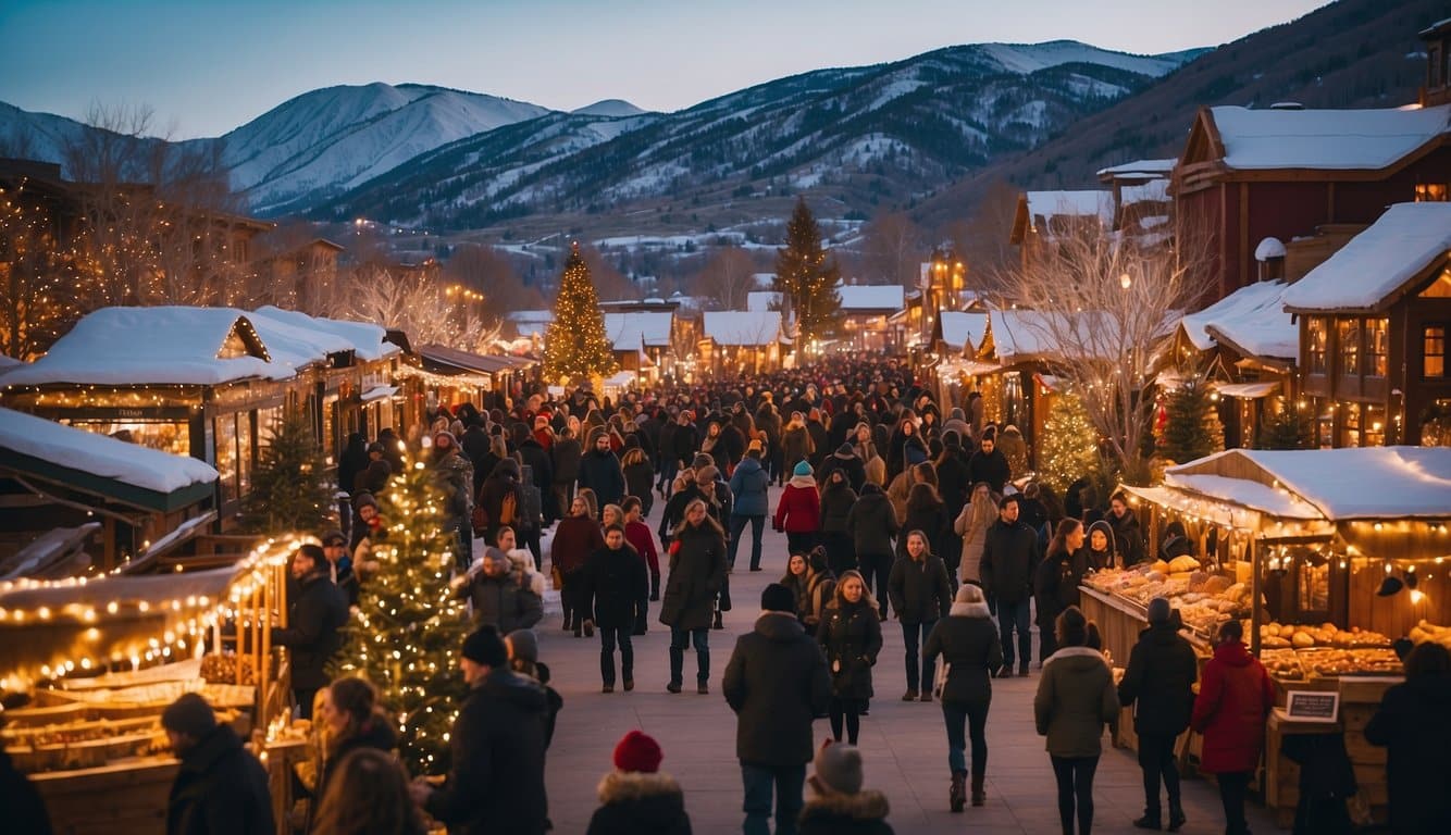 The Park City Holiday Market bustles with festive stalls, twinkling lights, and snowy mountain backdrops, creating a charming Christmas market scene in Utah