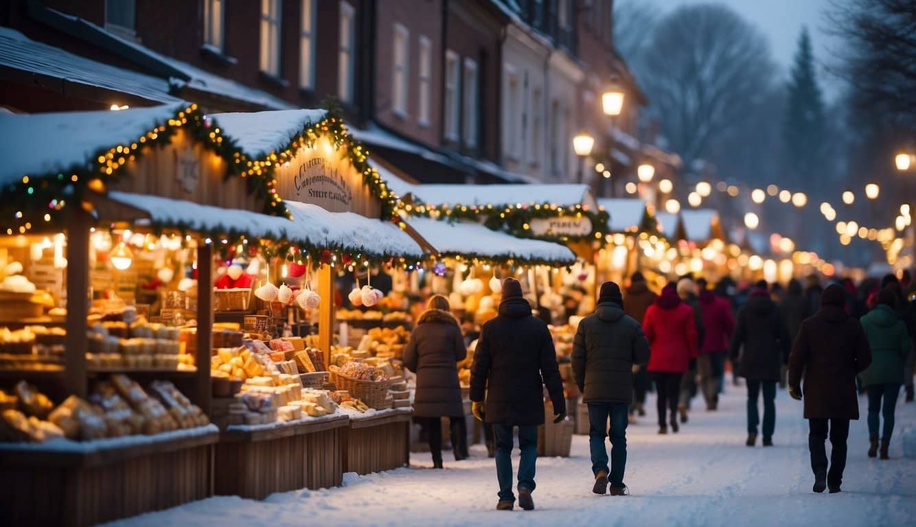 Colorful stalls line the snow-covered streets, adorned with twinkling lights and festive decorations. The air is filled with the scent of hot cocoa and freshly baked goods, as cheerful shoppers browse the unique gifts and trinkets on display