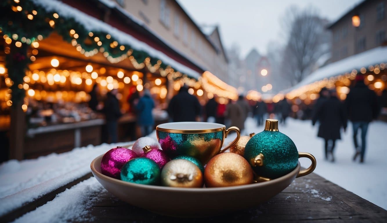 Colorful stalls line snowy streets, selling festive ornaments and steaming hot drinks. Twinkling lights illuminate the joyful atmosphere of the Christkindl Market