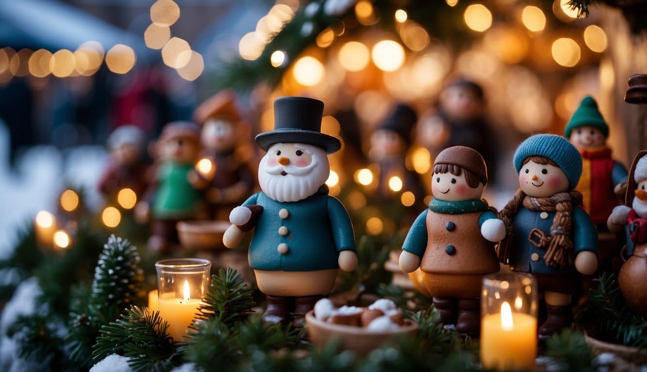 Wooden Christmas figures, including a snowman and children, set amidst candles and evergreen branches with warm lights in the background.