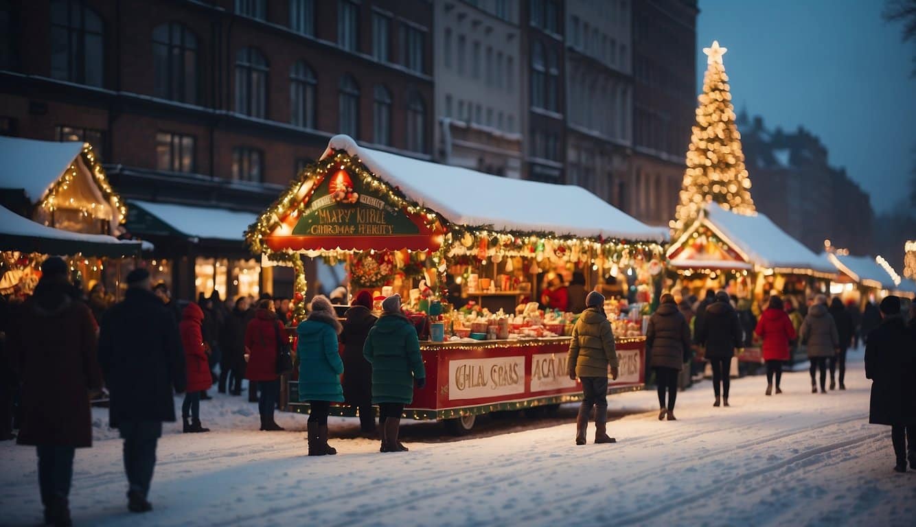 The Christmas parade winds through the snowy streets, with colorful floats and twinkling lights. Market stalls offer festive goods and warm treats, creating a joyful holiday atmosphere