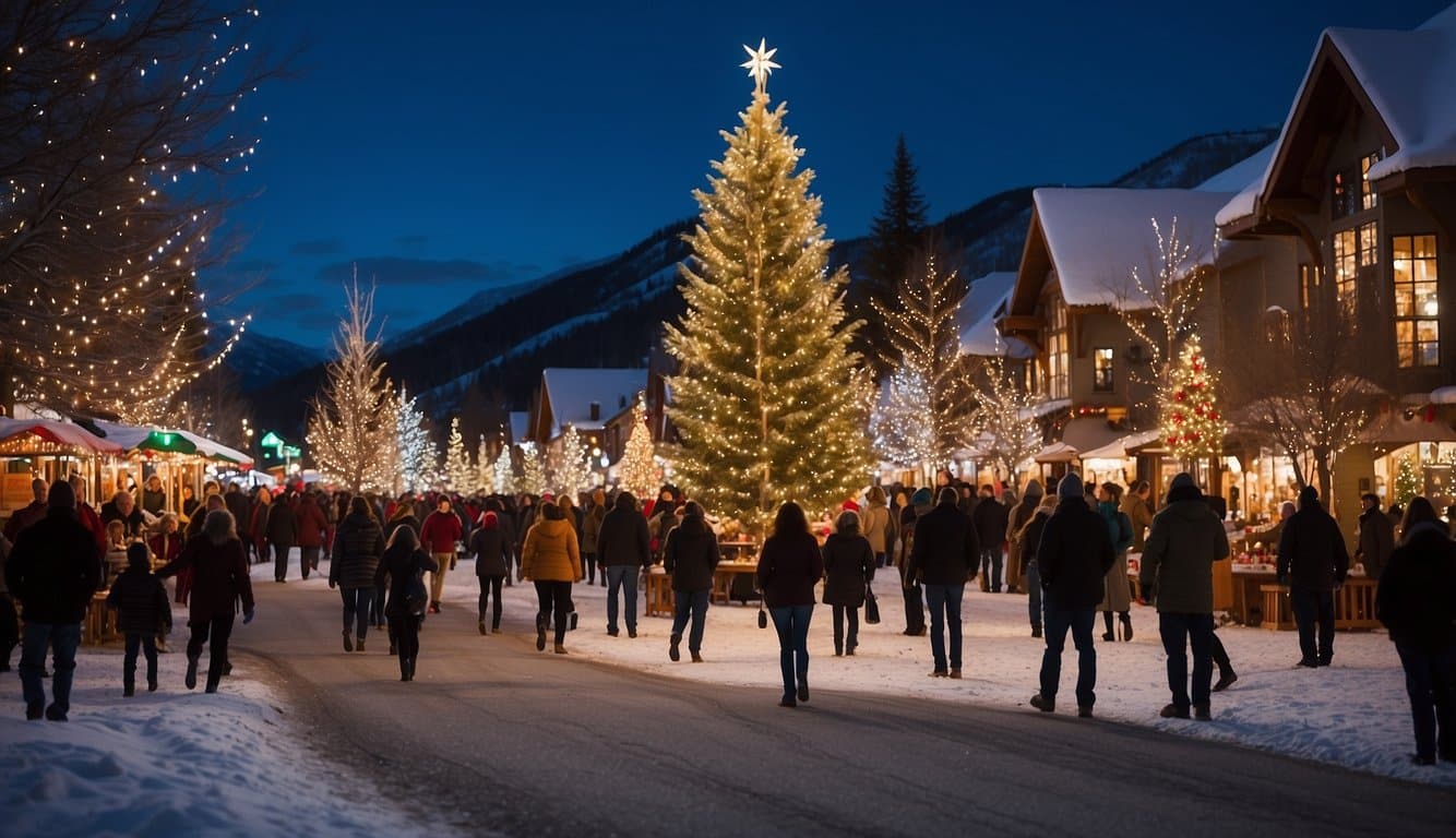 The Ketchum Tree Lighting and Market in Idaho features festive lights, bustling market stalls, and a joyful atmosphere in 2024