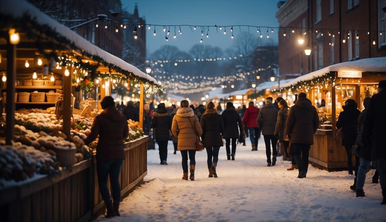 Colorful vendor booths line snowy streets at the Wallace Craft Fair Christmas Markets, with festive lights and decorations creating a cheerful holiday atmosphere in Idaho