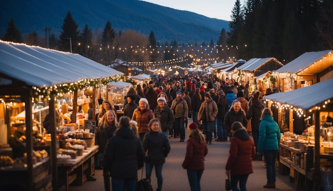 A bustling holiday market in Bonners Ferry, Idaho, with twinkling lights, festive decorations, and vendors selling crafts and seasonal treats