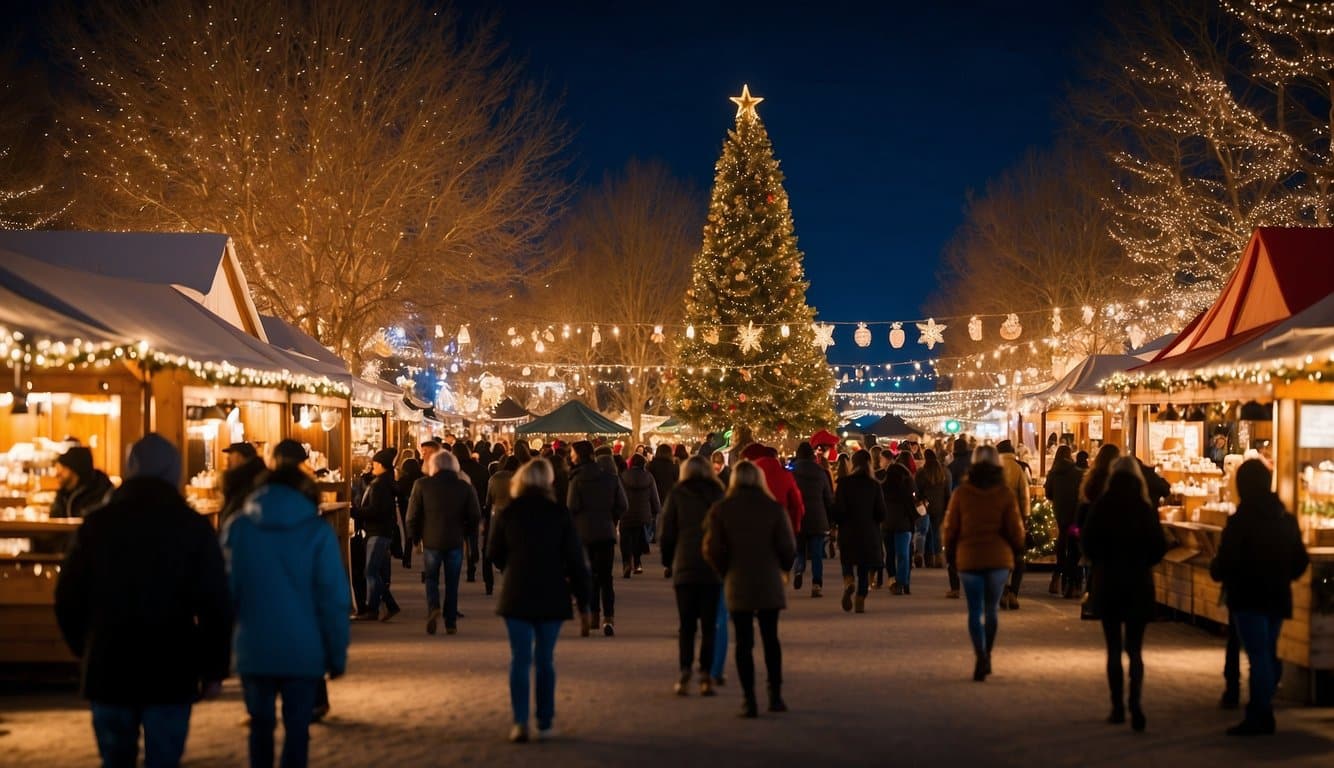 Vibrant lights illuminate the bustling Christmas market at Meridian, Idaho. Festive stalls and joyful crowds create a lively atmosphere