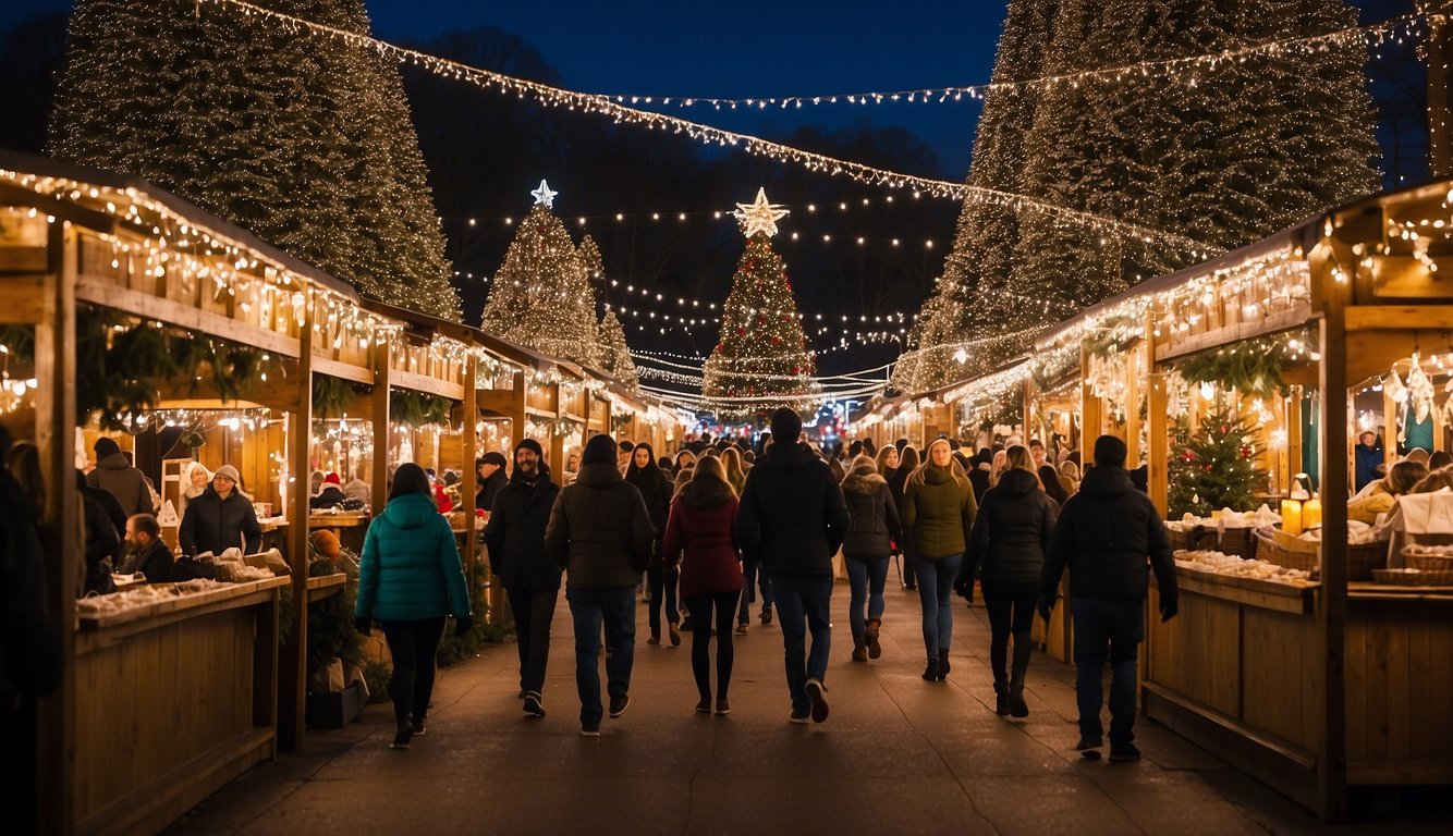 Colorful lights twinkle on festively decorated stalls, while a towering Christmas tree sparkles in the center of Santa's Wonderland at Decatur Christmas Markets, Alabama 2024