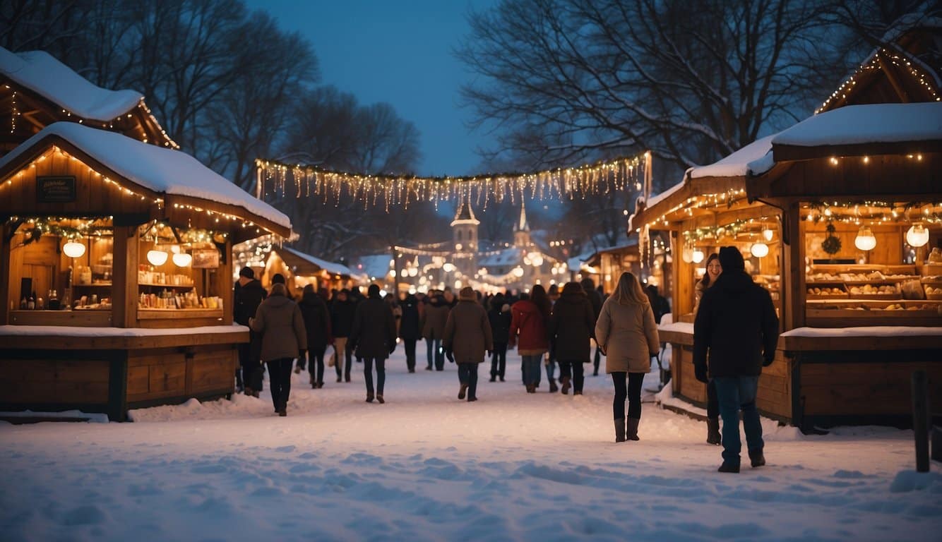 A festive Old World Christmas Market with wooden stalls, twinkling lights, and snowy rooftops in Elkhart Lake, Wisconsin