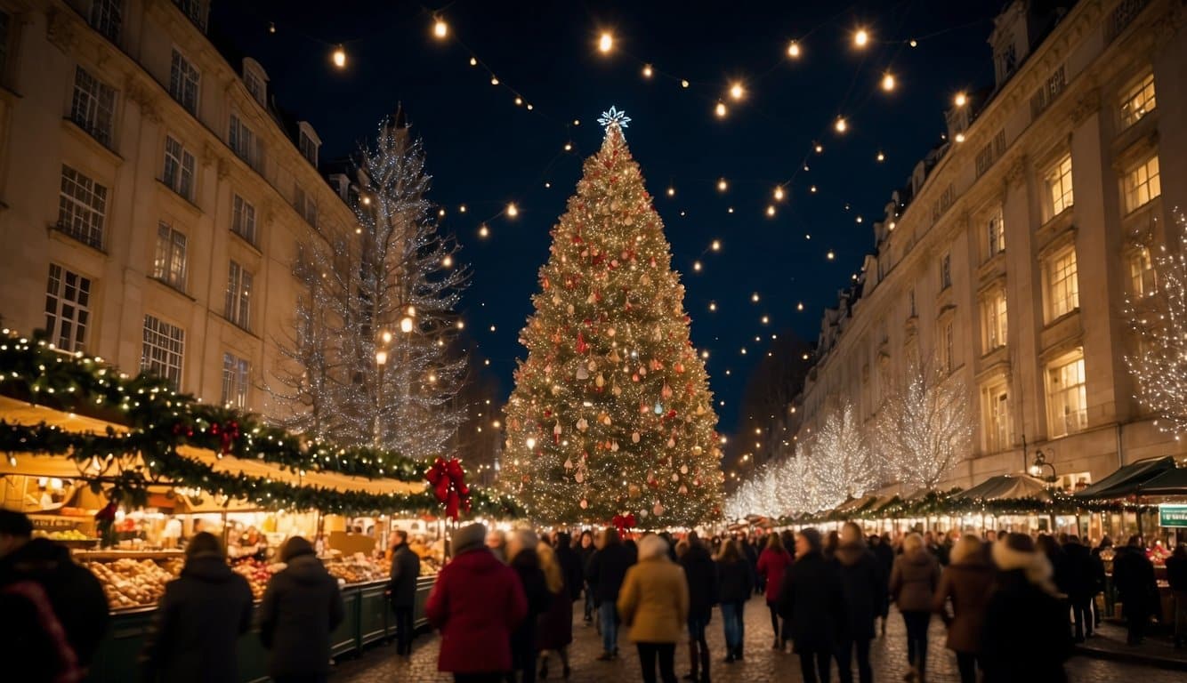 Crowds browse festive stalls, adorned with twinkling lights and holiday decorations. The scent of spiced cider and roasted nuts fills the air. A giant Christmas tree stands as the centerpiece of the market, surrounded by joyful carolers