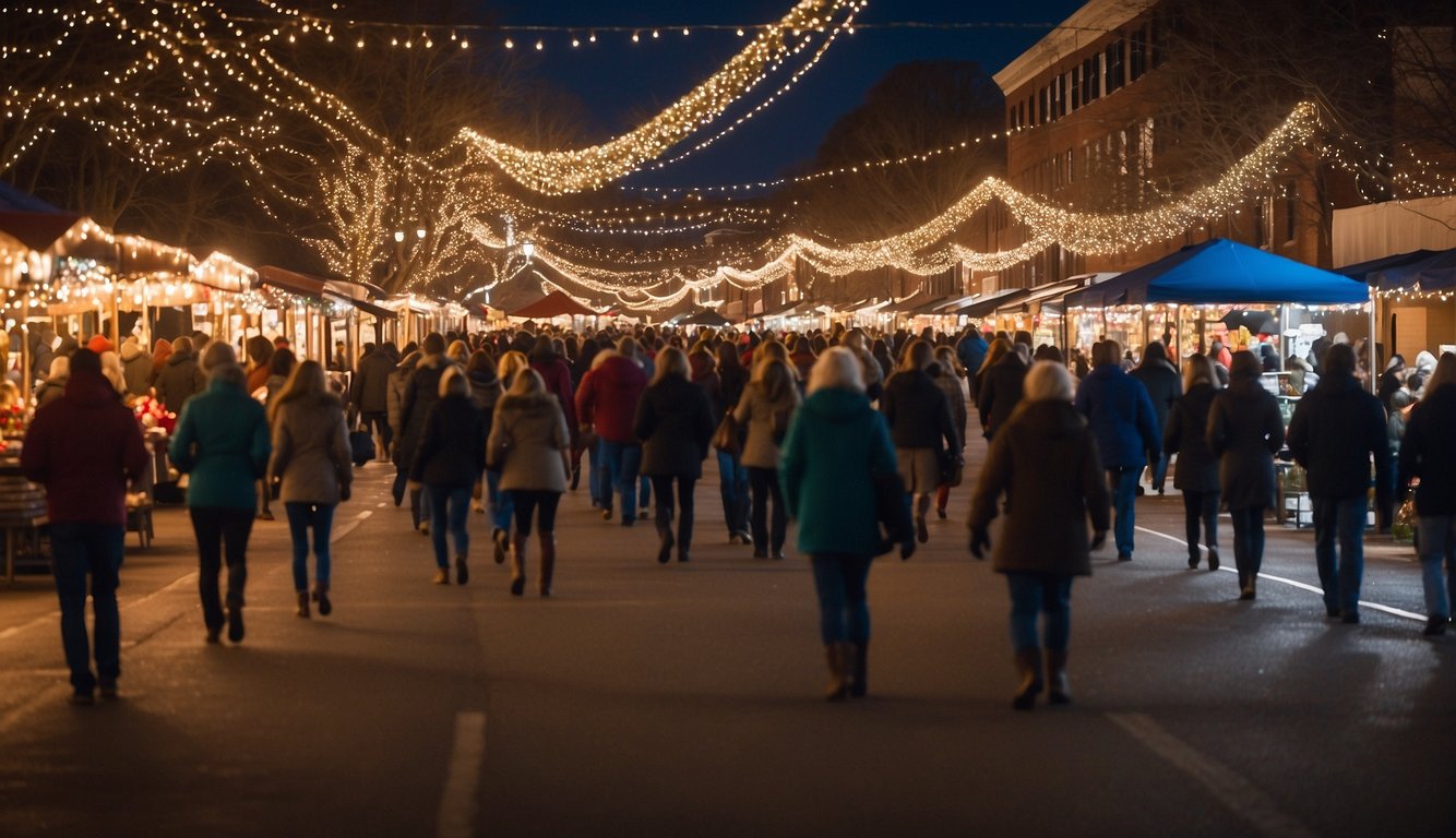 A bustling holiday market in Montevallo, Alabama, filled with festive stalls, twinkling lights, and joyful shoppers. The air is filled with the scent of hot cocoa and roasted nuts, creating a warm and inviting atmosphere