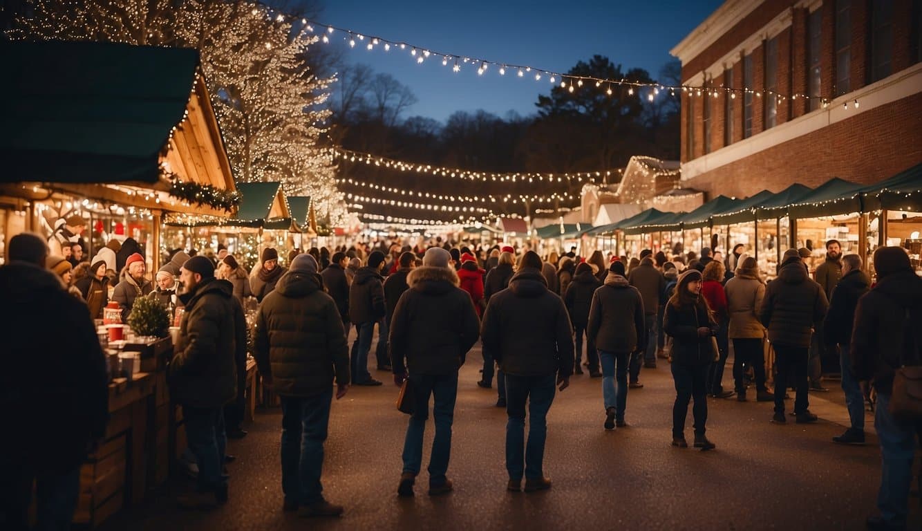 The Harrison Brothers Hardware Christmas Market in Alabama is bustling with festive activity, as vendors sell handmade ornaments and visitors sip on hot cocoa while admiring the twinkling lights and holiday decorations