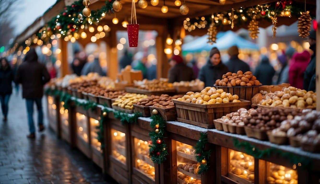 Colorful stalls line the streets, adorned with twinkling lights and festive decorations. The air is filled with the scent of hot cocoa and roasted chestnuts, as visitors browse through an array of handcrafted gifts and holiday treats