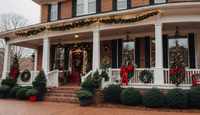 A large house with a porch decorated for Christmas with garlands, wreaths, red bows, and potted evergreen trees adorned with lights and ornaments.