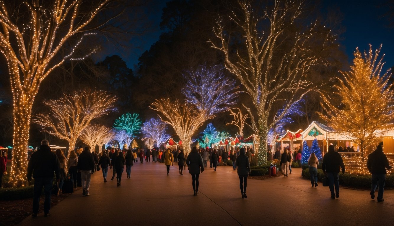 Colorful lights adorn the trees and buildings at Bellingrath Gardens Christmas Market, creating a magical and festive atmosphere in Alabama 2024