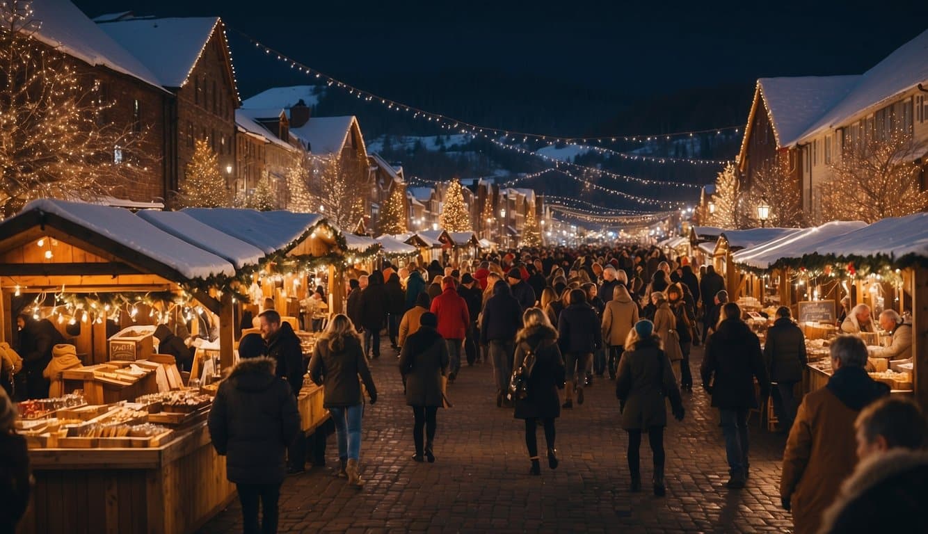 A bustling Christmas market in a mountainous setting, with festive stalls, twinkling lights, and joyful shoppers in Alabama, 2024