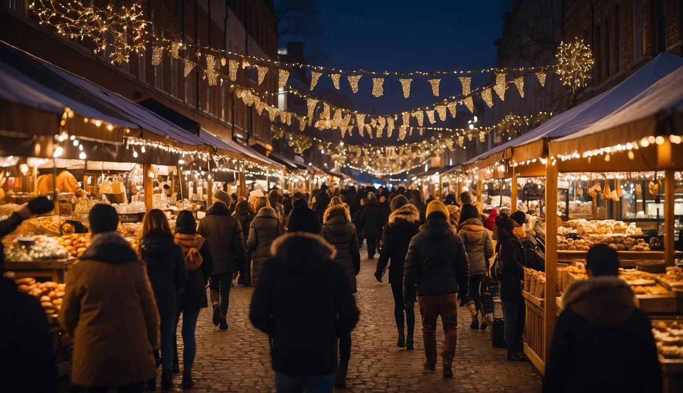 The market is aglow with twinkling lights and festive decorations. Stalls are filled with handcrafted ornaments and delicious holiday treats. A merry atmosphere fills the air as visitors browse and shop