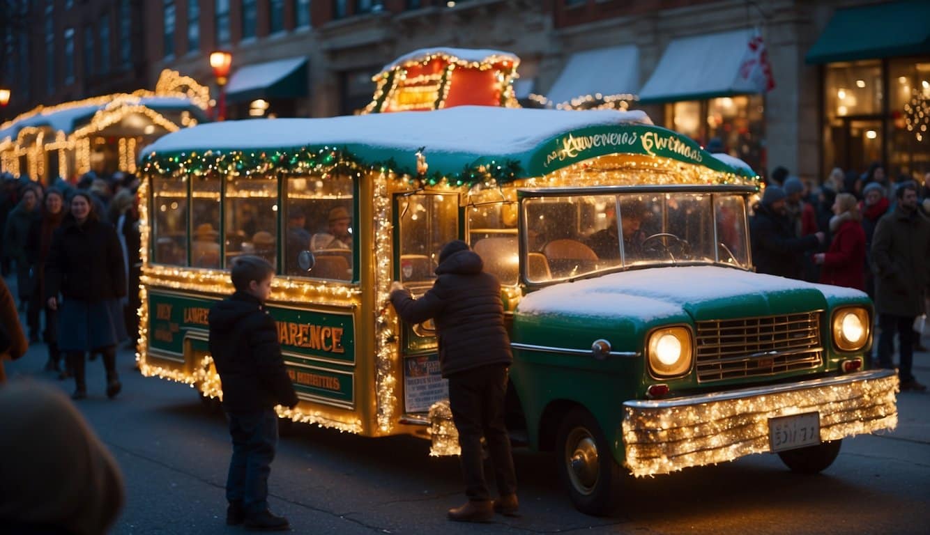 A green trolley decorated with Christmas lights is surrounded by people on a snowy street during a holiday parade at dusk.