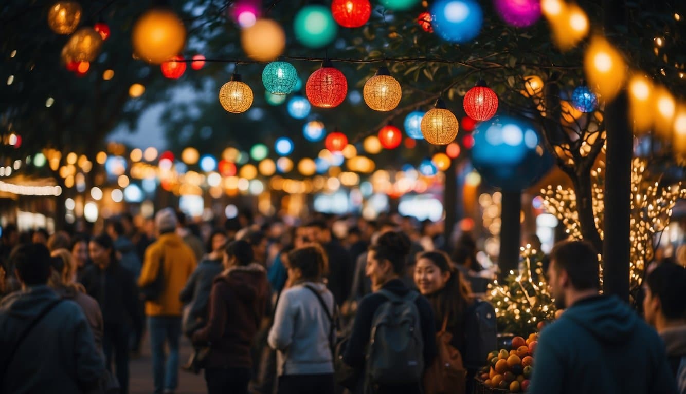 Colorful lights adorn trees, buildings, and sculptures. Festive market stalls line the streets. A joyful atmosphere fills the air