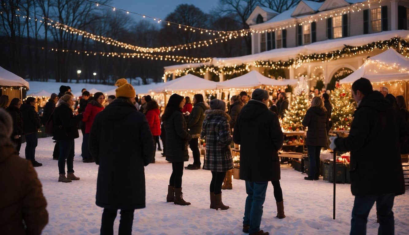 The Wadsworth Mansion Holiday Bazaar bustles with festive activity, as vendors sell handmade crafts and decorations under twinkling Christmas lights. Snow gently falls, adding to the enchanting atmosphere