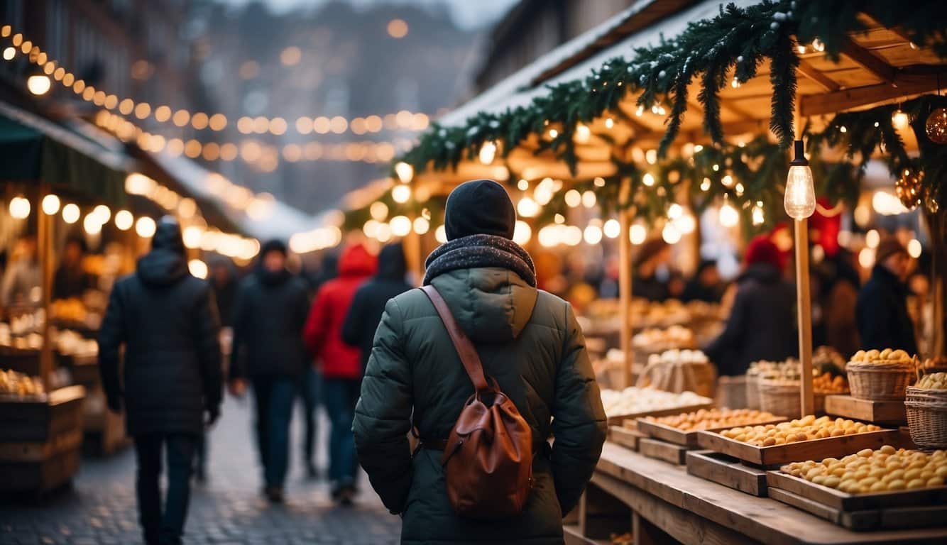 A bustling holiday market with twinkling lights, festive decorations, and a variety of stalls selling artisanal goods and seasonal treats