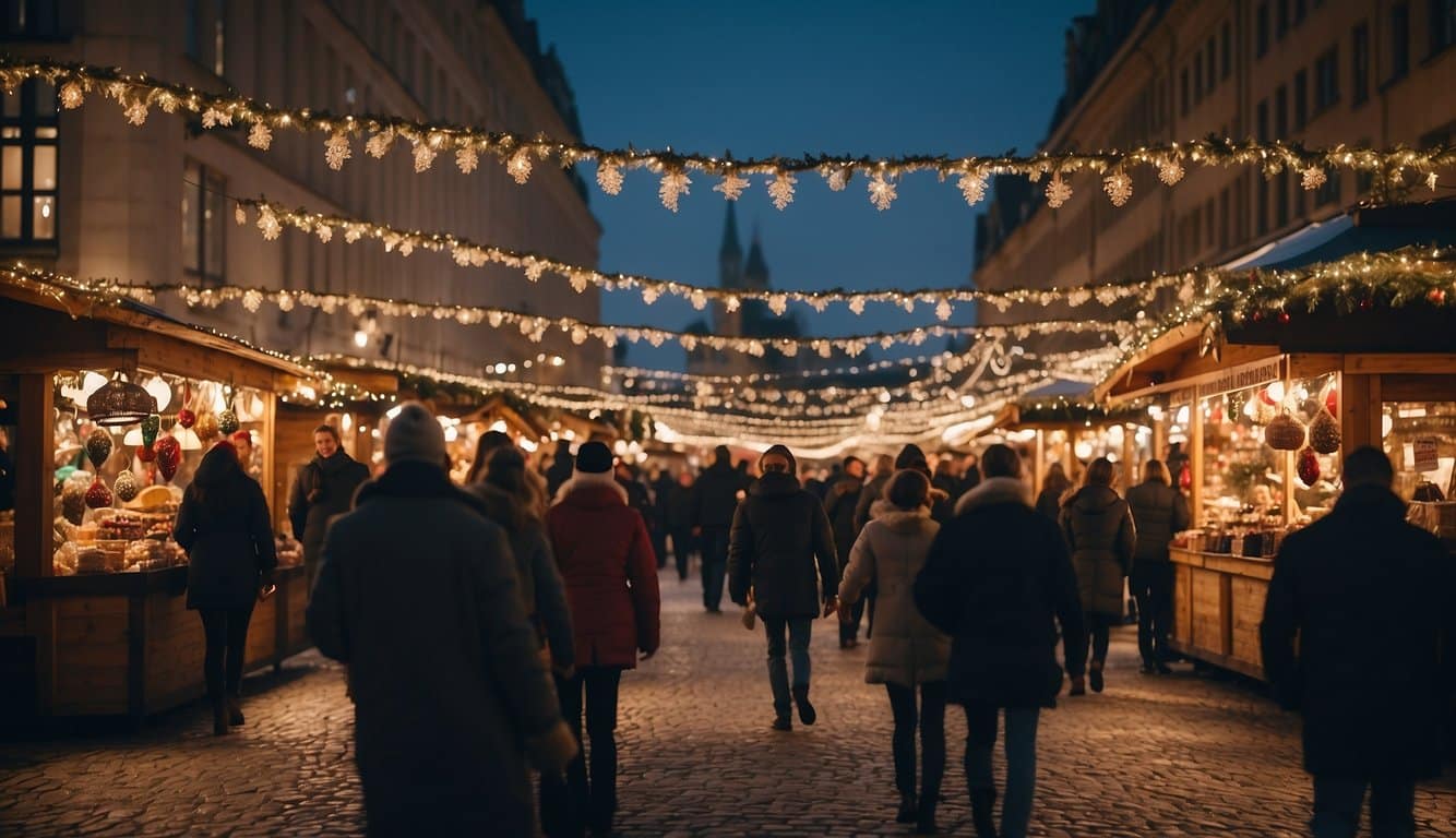 The Berlin Fairgrounds Christmas Market is bustling with festive activity, as colorful stalls and twinkling lights adorn the area, creating a cozy and enchanting atmosphere for visitors to enjoy