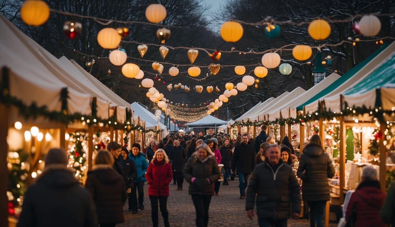 A bustling craft fair with colorful stalls and twinkling lights at St. Peter's Church, Danbury. Shoppers browse handmade gifts and festive decorations at the Christmas market