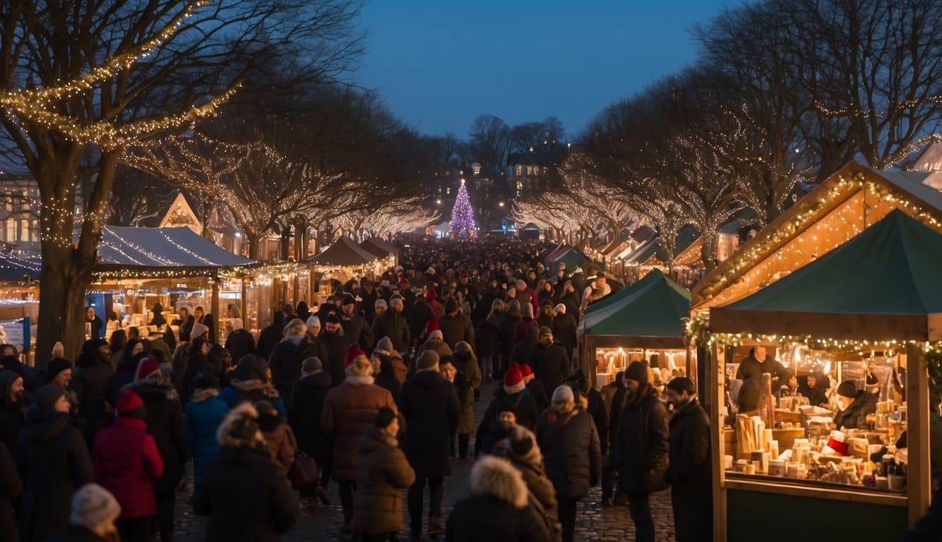 A lively scene at the Greenwich Reindeer Festival, with festive stalls and twinkling lights at the Christmas markets in Connecticut 2024